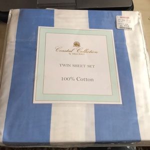 Blue and white striped twin sized sheets